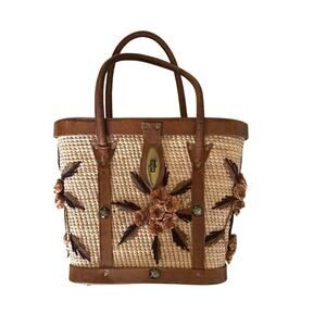 1960s Vintage Woven Straw Leather Floral Handbag Tote Purse Collectible Bag